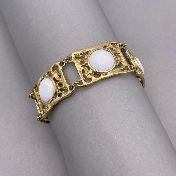 Vintage Retro Filigree Panels White Stone Statement Bracelet Gold Tone - Picture 1 of 6